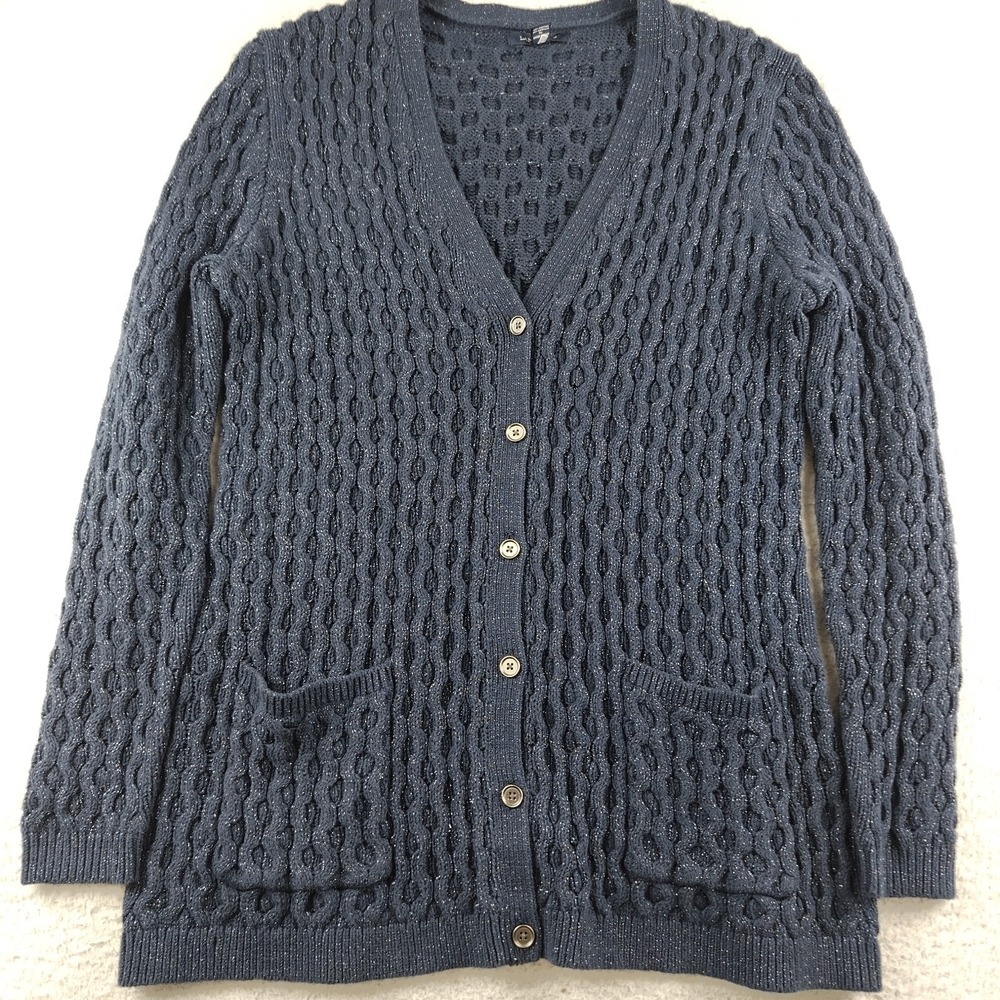 Land's End Cardigan Heavy Cable Knit 3D Textured Sparkly Blue Pockets SZ L